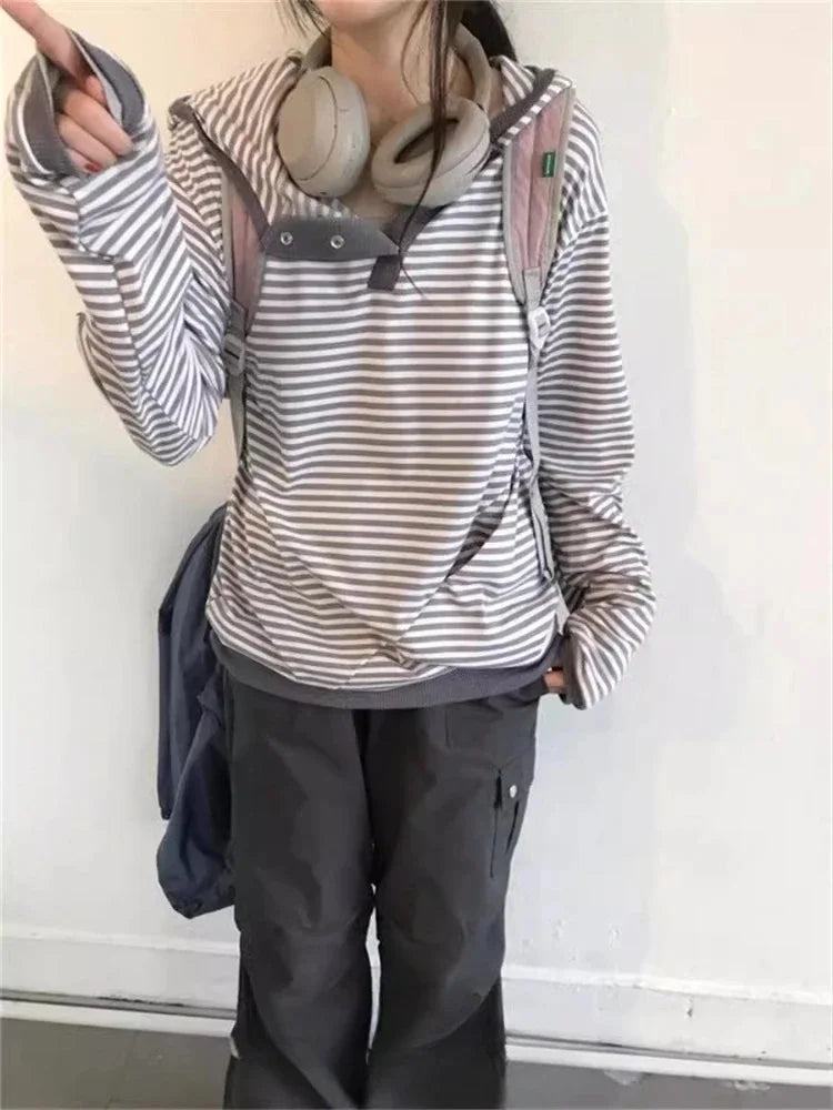 Preppy Style Korean Hoodies Hooded Striped Long Sleeve Sweatshirts 2026 Ropa Mujer Casual Fashion Hoodie Women Clothing Y2k Tops