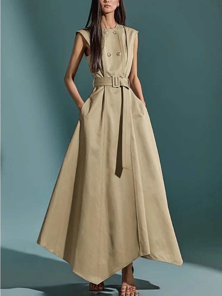 Missuoo Summer 2026 Women's Elegant Sleeveless Cotton-Blended Dress Double Button High Waist A-Line Office Dresses with Belt