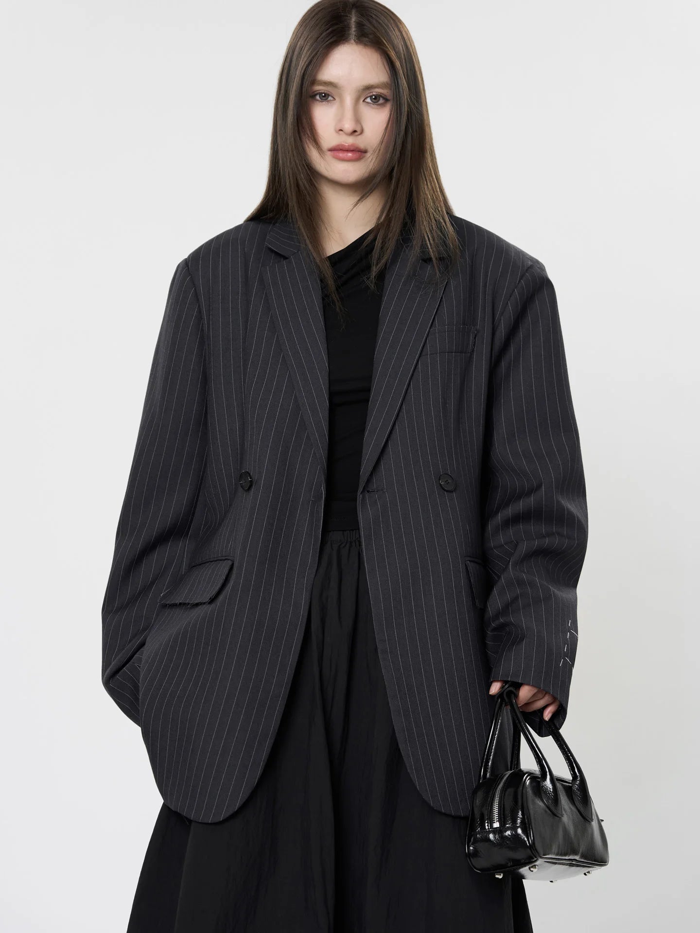 Women's Casual Striped Pocket Decoration Double breasted Loose Jacket Blazer