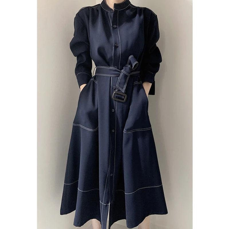 REALEFT Spring Autumn Single Breasted Women's Shirt Dresses Sashes 2026 New Stand Collar Korean Casual Straight Dress Female