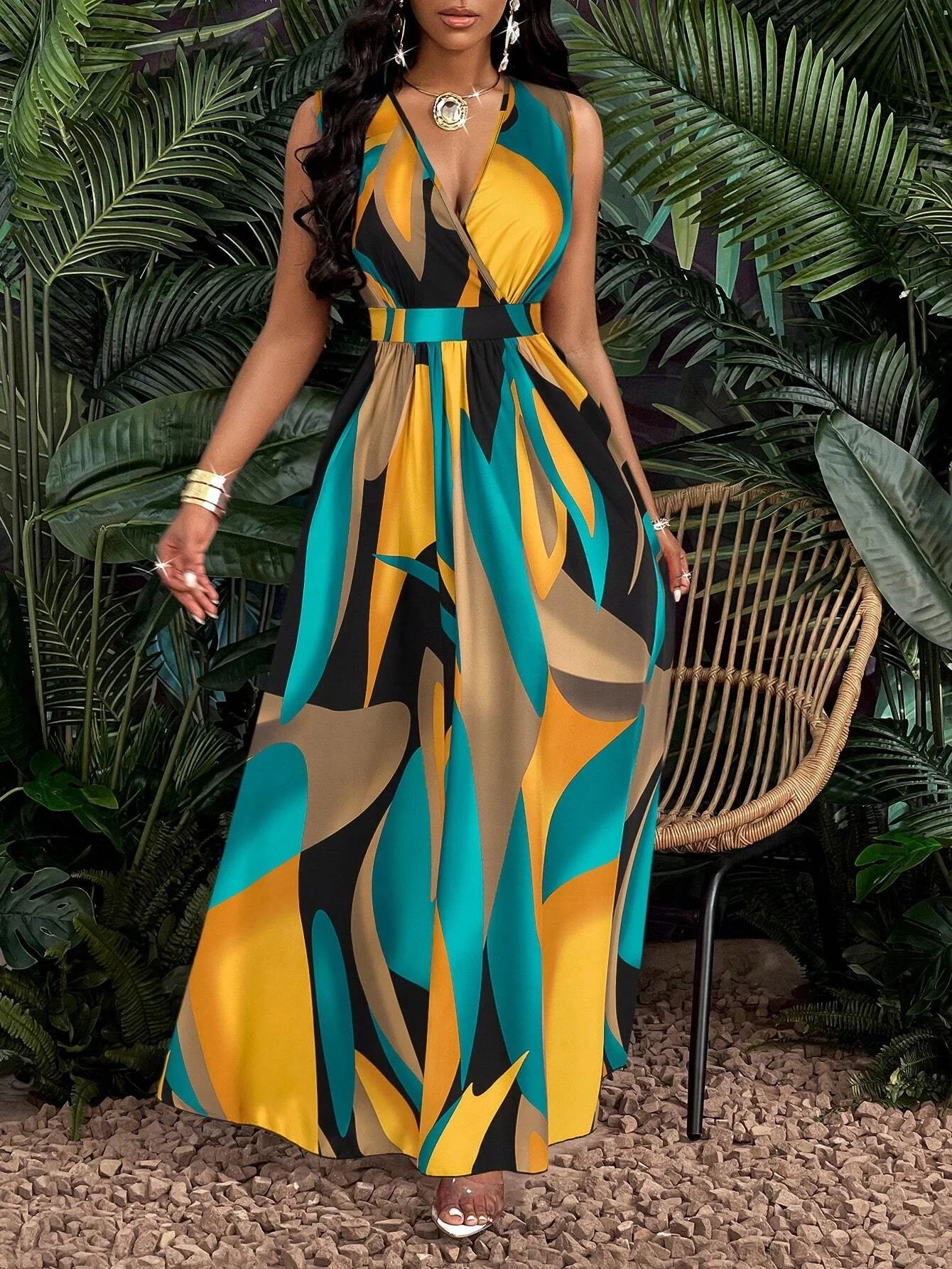 Tropical Print V-Neck Waist Section Cable Knit Fit And Flare Dress Maxi Women Outfit