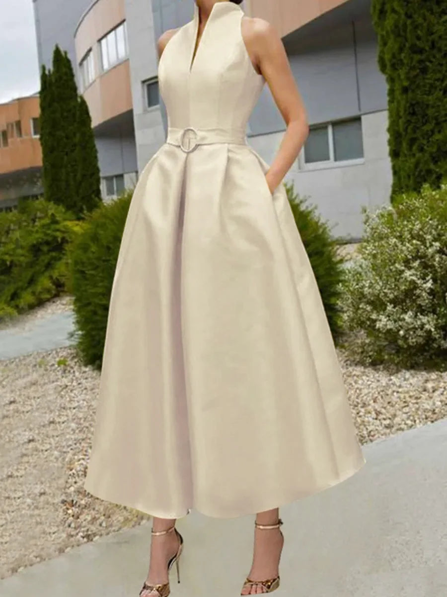 Missuoo Solid Color A-line Dress for Women Stand Collar Sleeveless Vest Top Split-joint Pleated Dress Summer Party Dresses