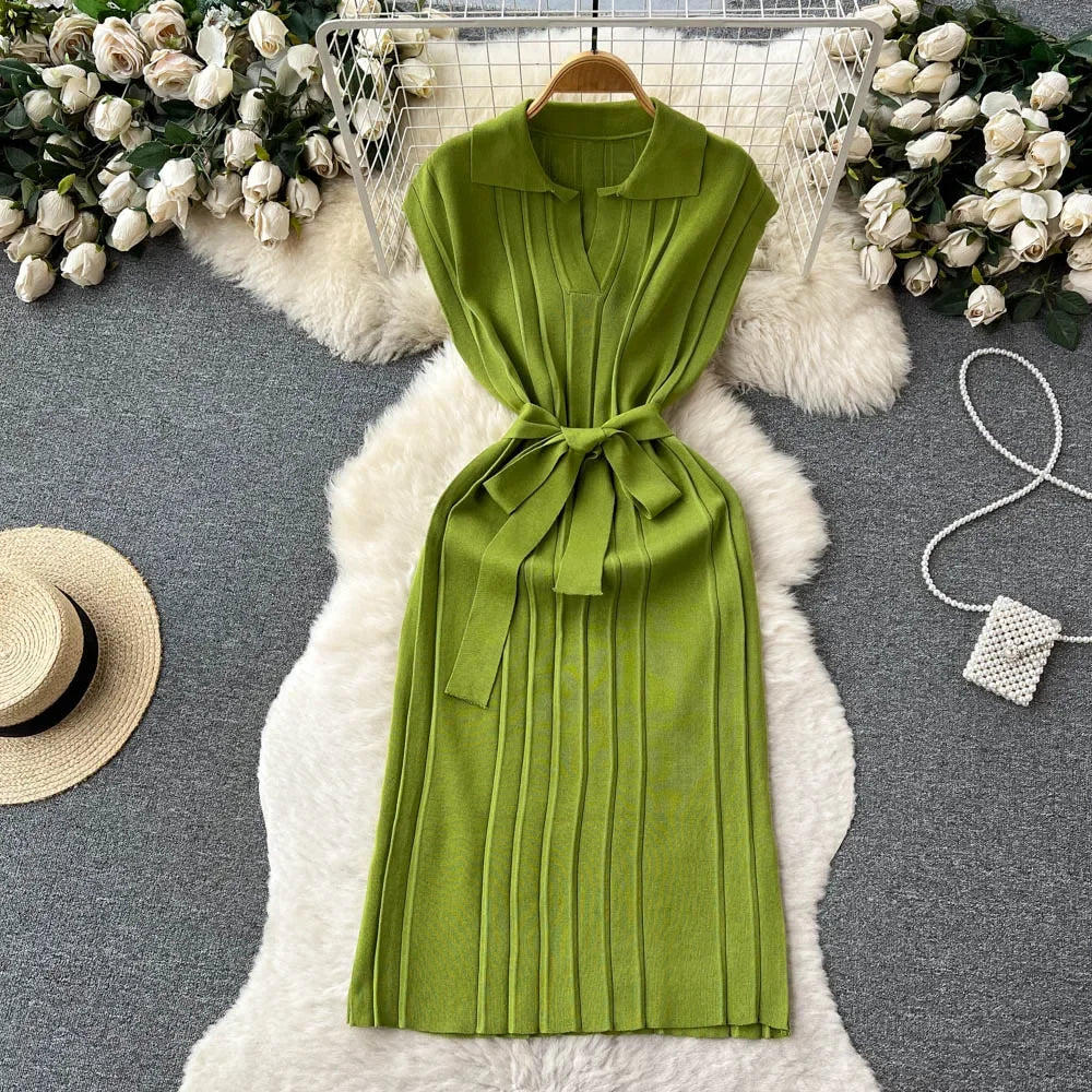 Korean Fashion Solid Pleated Knitted Dress Women Loose Turn-down Collar Short Sleeve Long Dresses Vestidos Elegantes Para Mujer