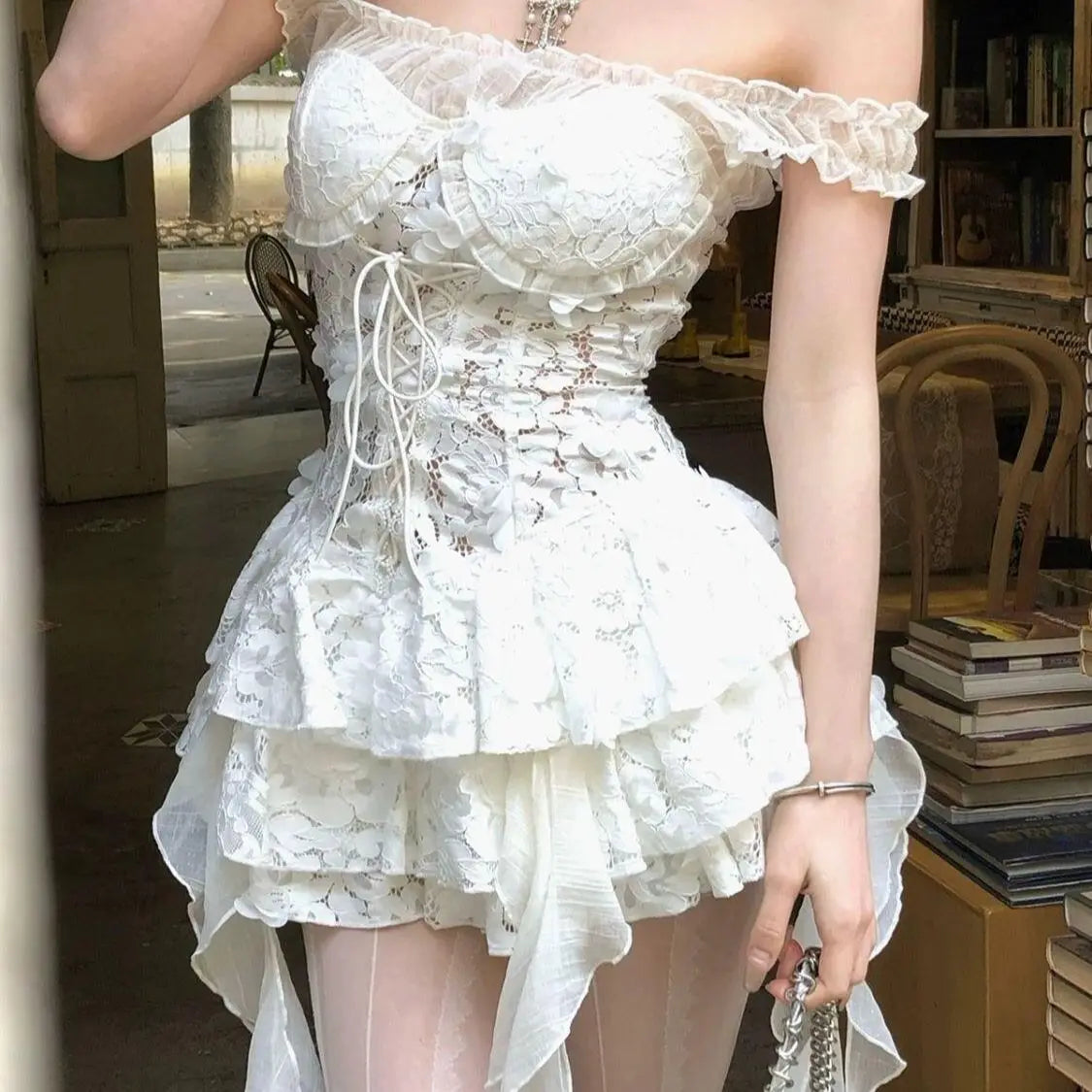 Summer Y2k Off Shoulder Sexy One Piece Dress French Vintage White Lace Slip Dresses Female Chic Design Fairy Outfits 2026 New