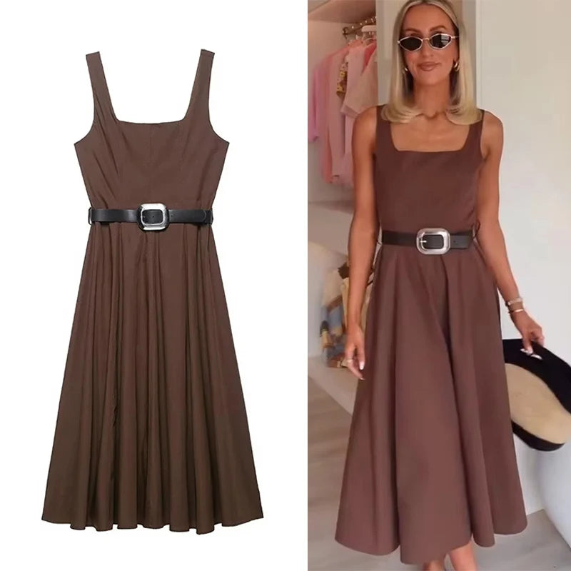 2026 Fashion With Belt Long Dresses for Women Summer Sleeveless Slip Dress Vintage Female Elegant Party Dresses