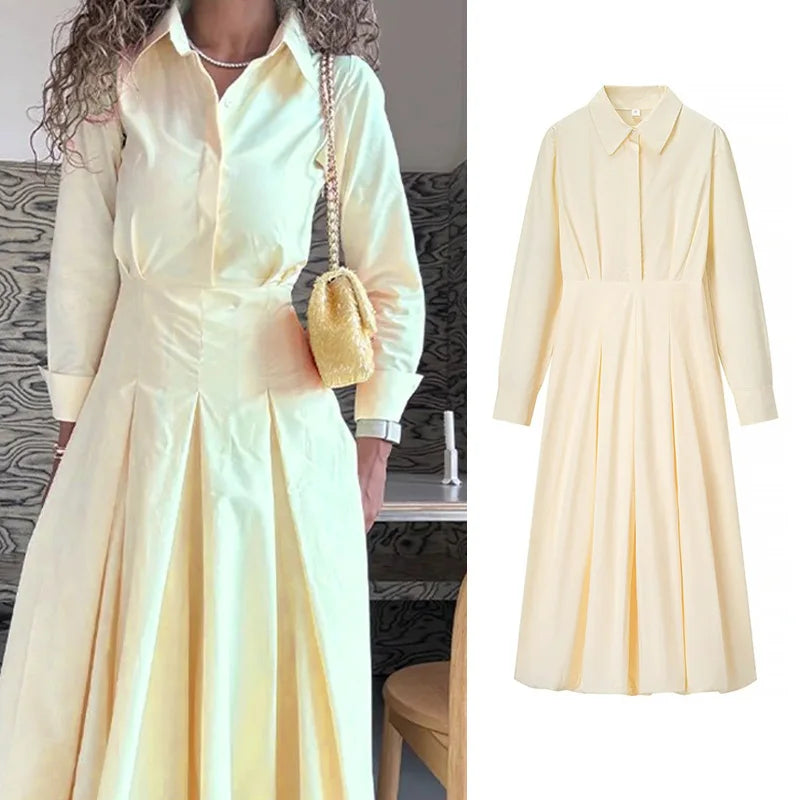 PRINTKAOIR Office Shirts Dressess for Woman Laple Waist Cinching Long Sleeve Pleated Female Dress 2026 Autumn Chic Lady Vestidos