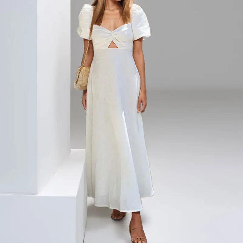 VEITCHE Summer Fashion Womens White Long Dresses Elegant Short Sleeve V-Neck Hollow Out Dresses High Waisted Casual Dress