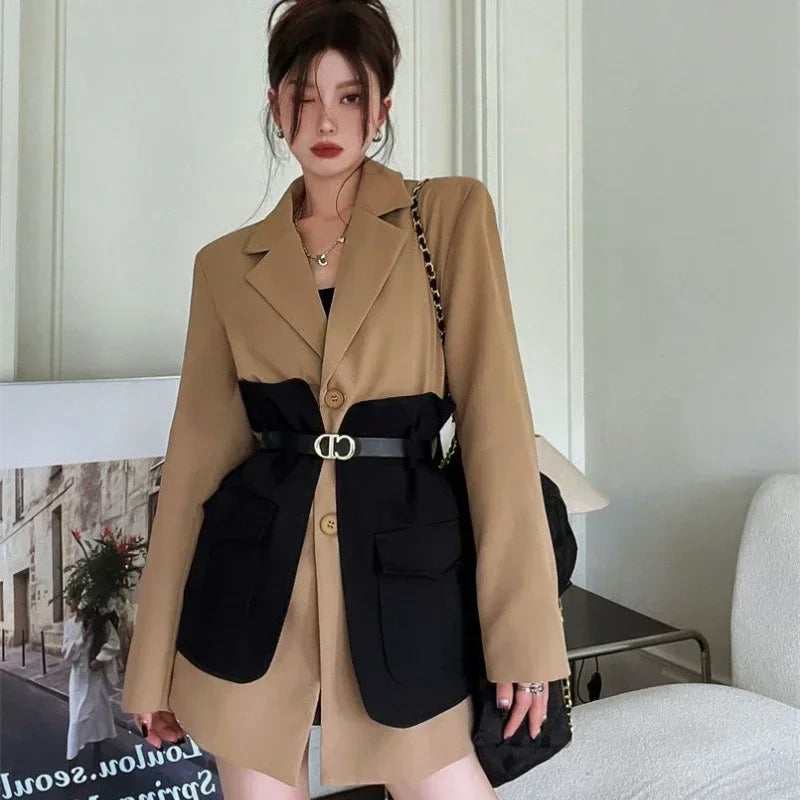 2026 Blazer Women Fashion New Loose Spliced Pocket Korean Single Breasted Blazer Mujer Female with Belt