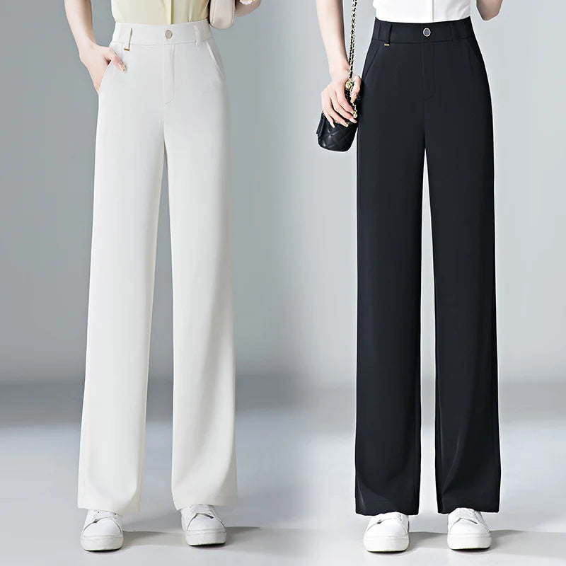 white Straight leg Pants Women's Summer Thin ice silk 2026 new high Waisted drape Slimming Loose Casual Straight cylinder Pants