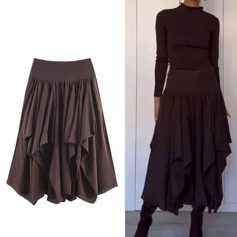 Ruffles Pleated Long Skirts For Women Fashion 2026 New Vintage High Waist Midi Skirt High Street Casual Chic Party Skirts