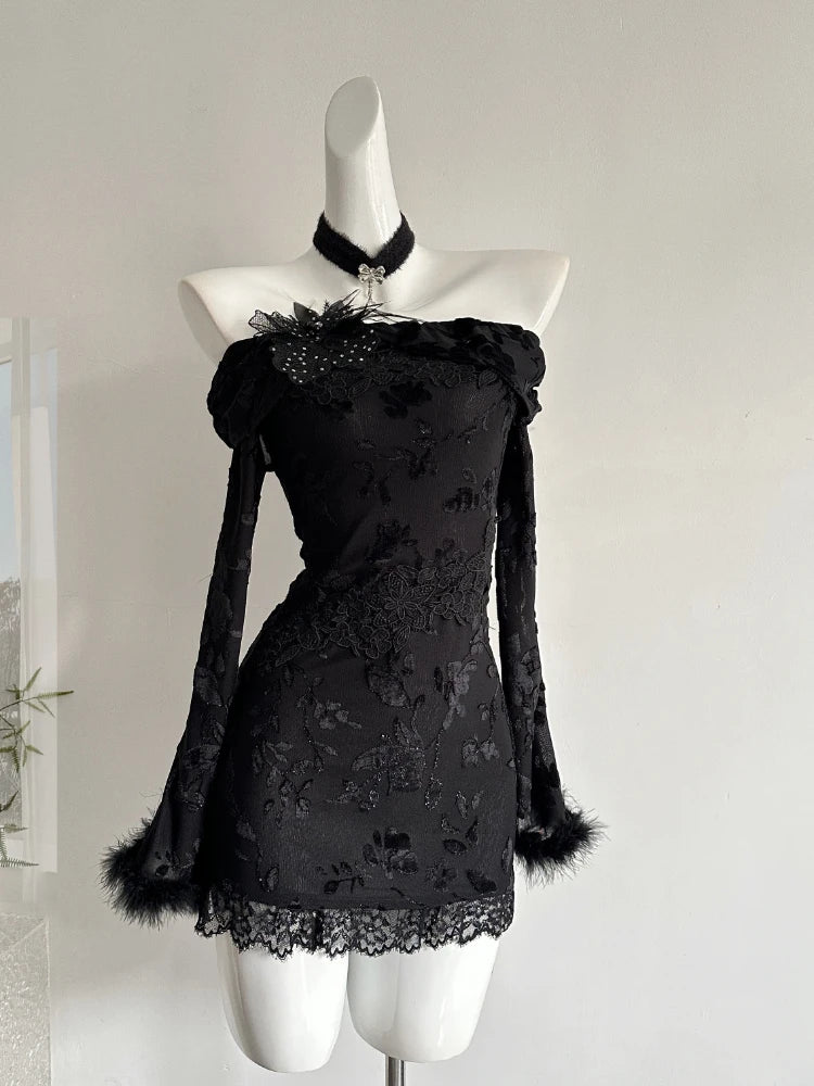 Dark Academia Gothic Black Lace Bodycon Dress Off Shoulder Long Sleeve Sexy Mini Dresses New Spicy Girl Party Y2k Clothing 2026