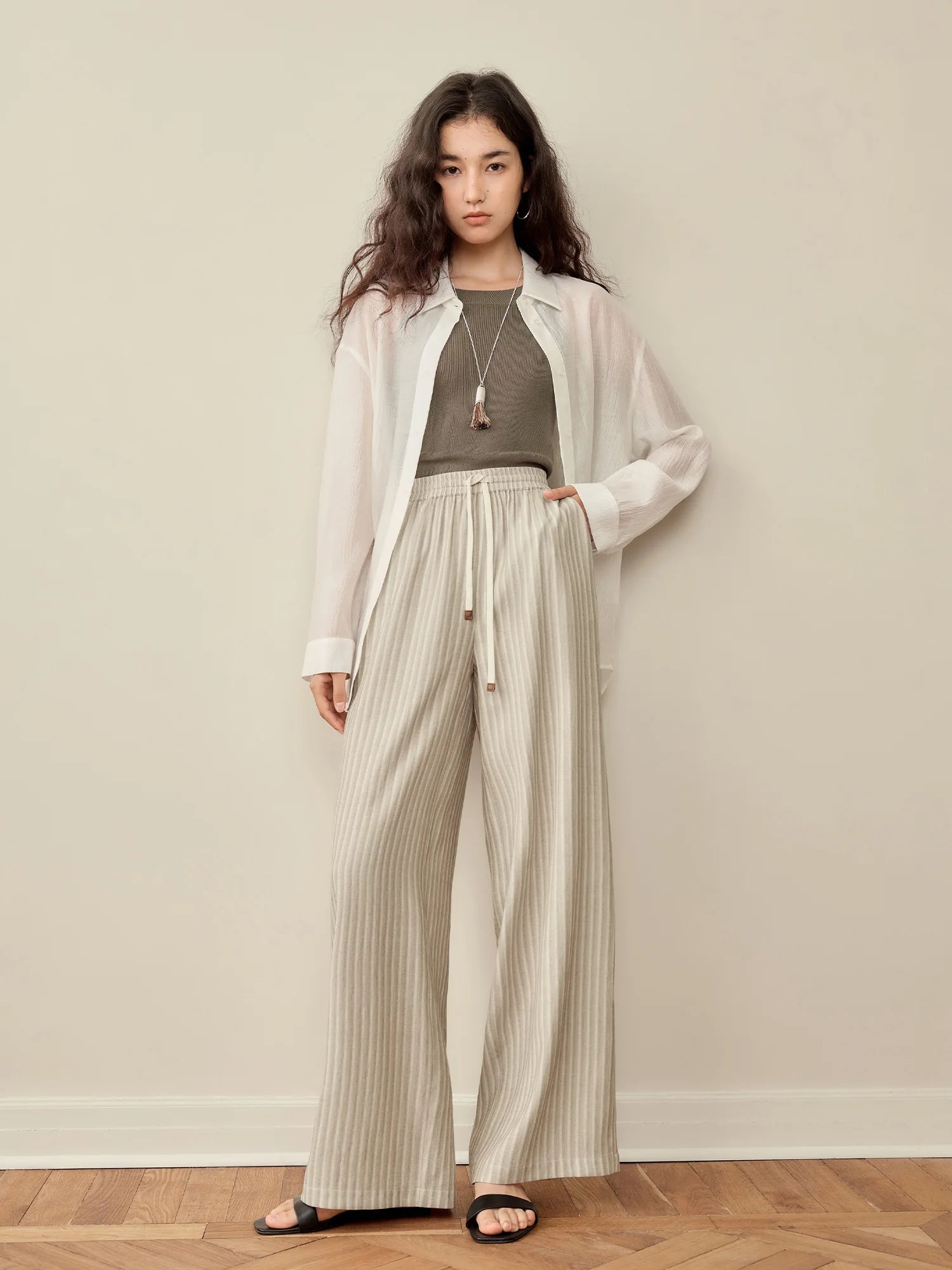 ZIQIAO 2026 Women's Elastic-Waist Wide-Leg Pants - Artistic Stripe &amp; Fluid Drape Silhouette Casual Loose Pants 25ZQ92277