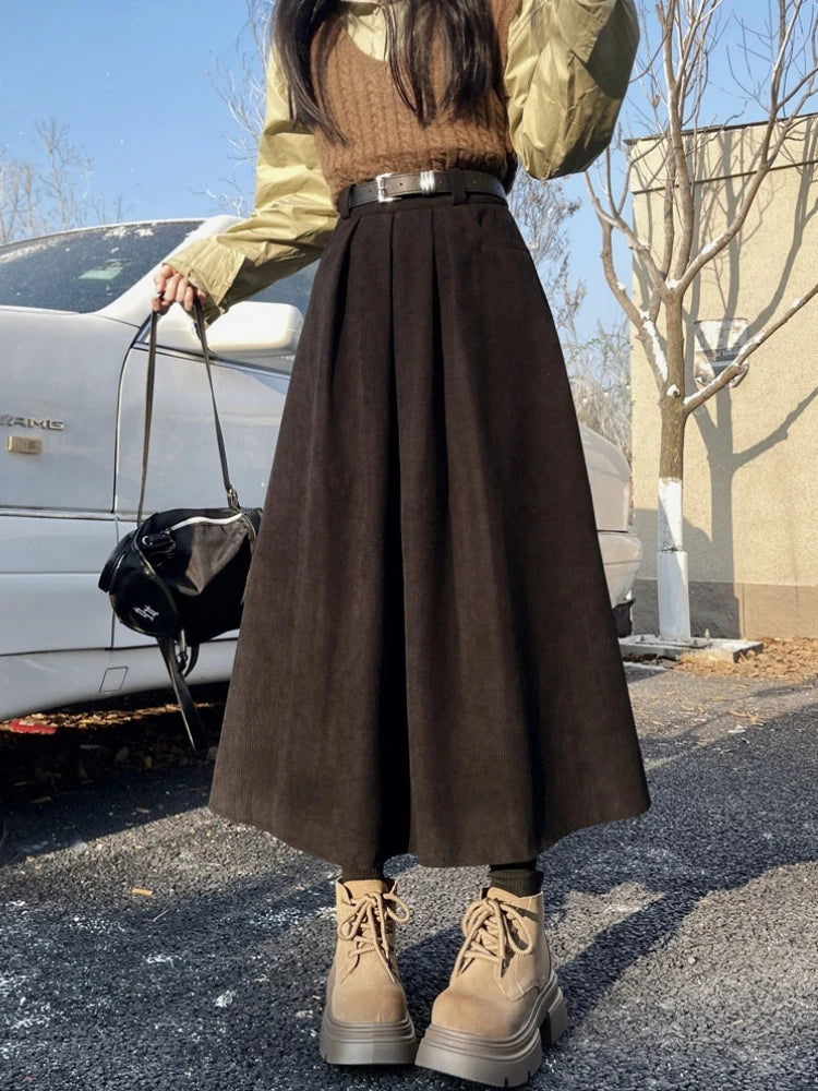 Qiukichonson Mid Long Skirts Womens Corduroy Skirt 2026 Autumn Winter Korean Vintage High Waist Ruffle Pleated Skirts With Belt