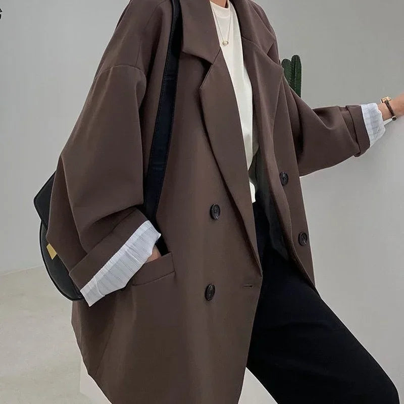 New 2026 Vintage Loose Women Solid Blazer Autumn Chic Double Breasted Female Long Sleeve Suit Jackets Stylish Ladies Blazers