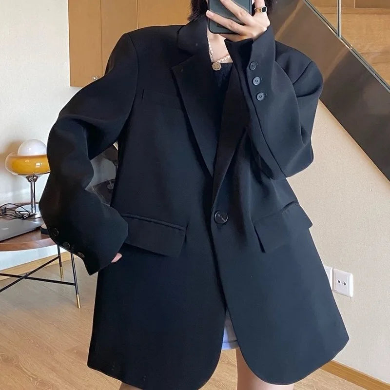 Casual Oversized Black Blazer for Women Korean Style Single Button Suit Jacket Woman Spring Autumn Loose Notched Collar Blazers